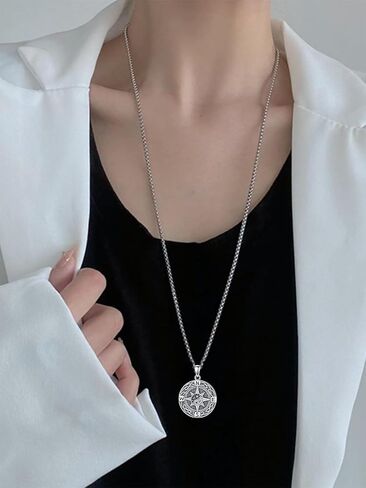 Compass Necklace S925 Sterling silver Compass Evil Eye/Yin and Yangon Dog Tag Pendant Necklace with 22"+2" Chain Graduation Gifts Christmas Gifts Birthday Gifts for Him/Her in Saudi Arabia