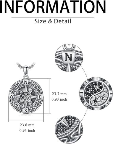 Compass Necklace S925 Sterling silver Compass Evil Eye/Yin and Yangon Dog Tag Pendant Necklace with 22"+2" Chain Graduation Gifts Christmas Gifts Birthday Gifts for Him/Her in Saudi Arabia