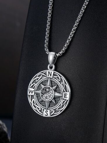 Compass Necklace S925 Sterling silver Compass Evil Eye/Yin and Yangon Dog Tag Pendant Necklace with 22"+2" Chain Graduation Gifts Christmas Gifts Birthday Gifts for Him/Her in Saudi Arabia