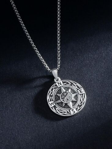 Compass Necklace S925 Sterling silver Compass Evil Eye/Yin and Yangon Dog Tag Pendant Necklace with 22"+2" Chain Graduation Gifts Christmas Gifts Birthday Gifts for Him/Her in Saudi Arabia