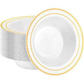 100 Pack Plastic Disposable Bowls, 12oz Salad Bowls with Silver Rim for Dessert, Cereal Bowls for Party, Wedding, Catering