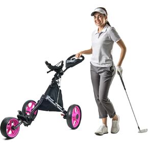 Golf Push Cart 3 Wheel - JAD Pro Golf Ladies Pushcart for Women Golfers, Super Lightweight Deluxe Easy to Fold Collapsible Golf Pull Cart