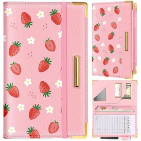 Slohif Server Book for Waitress Cute Serving Books with Zipper Pocket Accessories Leather Server Check Book Restaurant Waiter Server Booklet Organizer Ticket Book Holder Strawberries