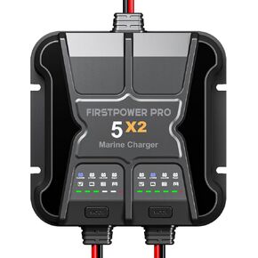 2 Bank Marine Battery Charger 5X2, 10A (5A/Bank) - 12V Waterproof Onboard Battery Charger, Battery Maintainer & Desulfator for SLA/AGM, Lithium (LiFePO4), Calcium & Deep-Cycle Battery- Charged 24/7