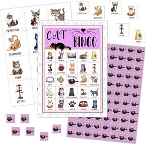 Cat Bingo Games Cards, Kitten Bingo Game Set, Paw Print Bingo Party Game, Pet Bingo Supplies for Adults Cat Lovers Cat Owners, Cat Birthday Party Decorations -05