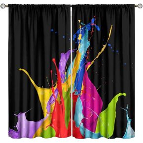 Colorful Paint Curtains, Rainbow Color Creative Abstract Splatter Paint Painting Art White Background Print Rod Pocket Window Treatments Drapes for Bedroom Kitchen Living Room 42" W X 45" L