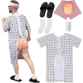 Patient Gown Party Costume Set for Adult Unisex Hospital Gown Funny Butt Shorts Gauze Bandage Roll for Halloween Cosplay Party Men Women Costume