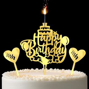 Happy Birthday Cake Candle for Birthday Party Decorations, Acrylic Golden, 2 Wicks (2 Stars)