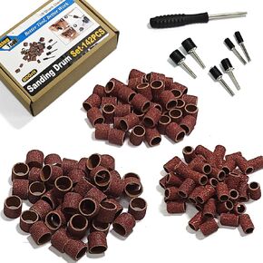Asieg Tool Sanding Drum Kit 142Pcs 80Grit, 1/2" & 3/8" & 1/4" Diameter Drum Sanding Band with 3.17mm Shank Mandrels for Drill Dremel Rotary Tools Nails Drill