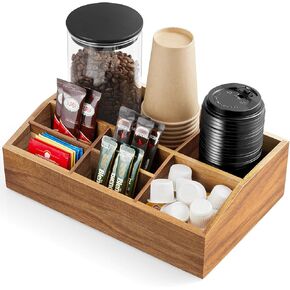 ALELION Coffee Station Organizer for Countertop - 7 Compartments Coffee Bar Accessories and Organizer with Removable Dividers - Black Coffee and Tea Condiment Organizer - Rustic Coffee Bar Decor