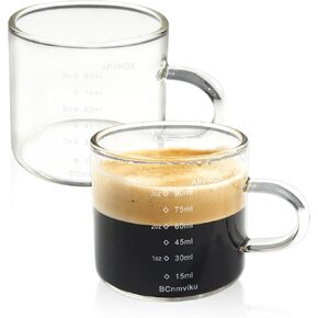 BCnmviku 1Pack Espresso Cups Measuring Cup Shot Glass 90 ML/3OZ Triple Pitcher Glass Expresso Small Coffee Cup with Glass Handle