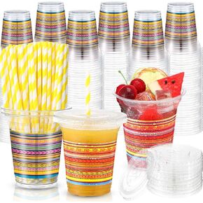 50 Pack Fiesta Plastic Cups with Lids and Paper Straws 12 oz Mexican Clear Disposable Cups Bulk Cinco De Mayo Plastic Cups for Fiesta Taco Birthday Party Drinkware Supplies