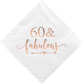 Crisky 60 and Fabulous Cocktail Napkins Gold for Women 60th Birthday Decorations, 60th Birthday Bevergae Dessert Table Supplies, 50Pcs, 3-Ply