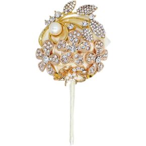 Artificial Wrist Silk Flower Boutonniere Wrist Bouquet Corsage Flower with Peal and Diamond for Wedding Decor,Cocktail Party 1 pcs(GoldIvory_Wrist)
