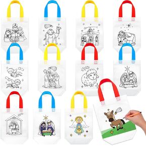 36 Pcs Christian Bible Coloring Goodie Bags Nativity Drawing Reusable Tote Bags Students Gift Bags DIY Color Your Own Bags for DIY Painting Birthday Party Favor (Christian)