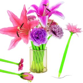 BBTO 24 Pcs Flower Pens Daisy Rose Lily Carnation Flower Pens for Women Ballpoint Pens with Flower Top Black Gel Ink Pen Gift for Women Mother Office Supplies,0.5 mm (Forest)