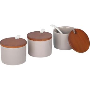 Condiment Pots, Set of 3 Porcelain Jars Seasoning Spice Containers Organizers 7 oz (220 ml) x3 with Bamboo Tray Lids Spoons for Home Kitchen Counter, 9C50TWZx3_black