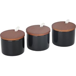 Condiment Pots, Set of 3 Porcelain Jars Seasoning Spice Containers Organizers 7 oz (220 ml) x3 with Bamboo Tray Lids Spoons for Home Kitchen Counter, 9C50TWZx3_black