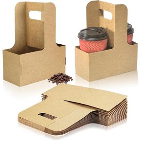 2 Cup Disposable Drink Carrier for Delivery with Handle, 10 Kraft Paperboard Cup Holder, Cup Carriers for Hot or Cold Drinks, to Go Coffee Cup Holder for Food Delivery Brown