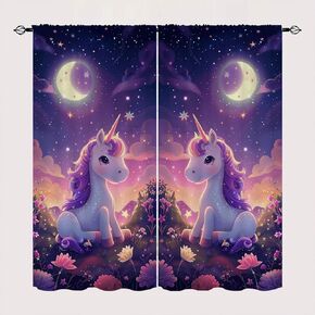 Rainbow Flower Unicorn Blackout Curtains for Kid Girls Boys Bedroom, Fantasy Cute Art Cartoon Rod Pocket Window Drapes for Bedroom Living Room, W42 x L63 Inch