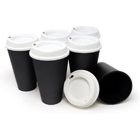 Rolling Sands USA Made 16 oz Reusable Coffee Cups with Lids 6 Pk, To Go Travel Cups, Hot or Cold Drinks, Dishwasher and Microwave Safe, Black