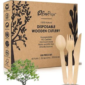 100% Compostable Wooden Cutlery Set (360 PCS - 150 Forks, 125 Spoons, 85 Knives) Eco-Friendly, Natural, Biodegradable Disposable Utensils Set | Birch Wood Disposable Forks, Knives, Spoons Set