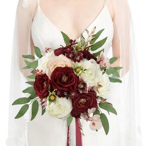 Rinlong Burgundy Marsala Red Cascade Bouquet Wedding Bouquets for Bride Cascading Wedding Bouquet of Flowers Teardrop Bridal Bouquet for Wedding Artificial Flowers Tossing Bouquet