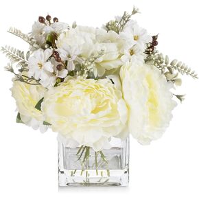 ENOVA FLORAL Artificial Flower Arrangement with Vase,Mixed Artificial Silk Peony Flower in Vase for Decoration Home Office, Wedding Centerpiece (Champagne)