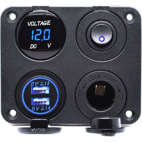 Cllena 12V Car Charger Socket Panel, 4 in 1 Waterproof Boat Cell Phone Rocker Switch Panel with Dual USB Power Outlet Cigarette Lighter Socket for RV Marine Boat Camper Truck Automotive (Blue)