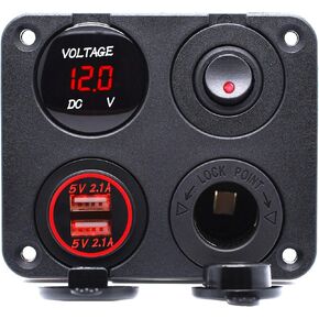 Cllena 12V Car Charger Socket Panel, 4 in 1 Waterproof Boat Cell Phone Rocker Switch Panel with Dual USB Power Outlet Cigarette Lighter Socket for RV Marine Boat Camper Truck Automotive (Red)