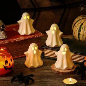 KORMMCO 4PCS Ghost Halloween Decor, Cute Ceramic Ghost Light Up Decor, Small White Ghost Figurine Led Ghost Figurines for Desk Tabletop Centerpieces，Halloween Decoration Indoor