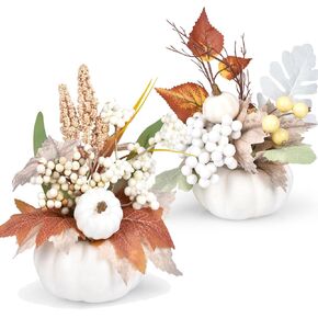 Lvydec 2 Pack Artificial Pumpkins with White Maple Leaves and Berries, Fall Pumpkin Decoration for Table Centerpiece,Thanksgiving and Home Decor