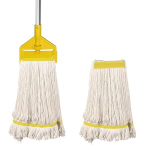 KULED Heavy Duty Industrial Mop, Commercial Mop with Long Handle, Cotton Mop with 2 Mop Heads, Looped-End String Wet Mops for Floor Cleaning, Workshop, Warehouse, Home and Garage