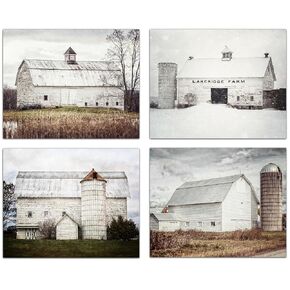 Farmhouse Wall Decor Set of 4 SMALL 5x7" Unframed White Barn Landscape Photo Art Prints, Rustic Home Decor, Country Room Decor