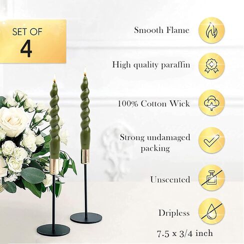 MAITREYA Olive Green Taper Candles Stick Spiral Twisted Candles-Set of 12 for Decoration Weddings Party Church-Unscented Dripless Candles,10inch(F-Olive) in Saudi Arabia