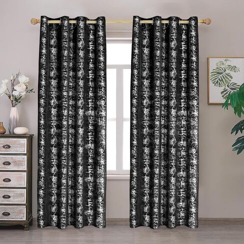 Tititex Luxury Golden Black Velvet Blackout Curtains 84 inch Length 2 Panels Sets for Bedroom Window Drapes Thermal Curtains with Grommets, Gold Foil Print for Living Room in Saudi Arabia