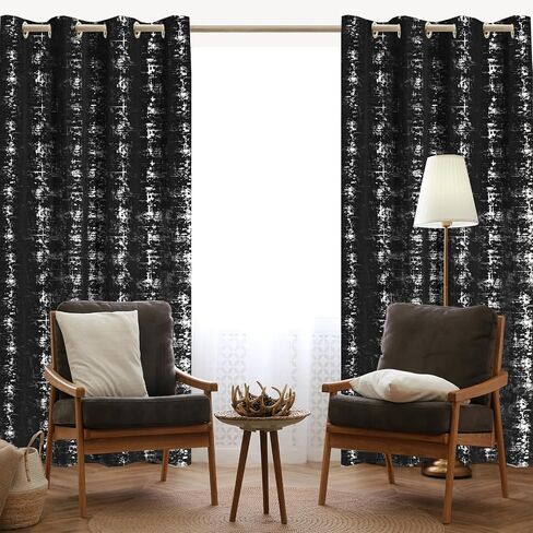 Tititex Luxury Golden Black Velvet Blackout Curtains 84 inch Length 2 Panels Sets for Bedroom Window Drapes Thermal Curtains with Grommets, Gold Foil Print for Living Room in Saudi Arabia