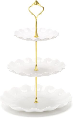 Coitak 3 Tier Cupcake Stand, Plastic Tiered Serving Stand, Dessert Tower Tray for Tea Party, Baby Shower and Wedding (Round-gold edge) in Kuwait