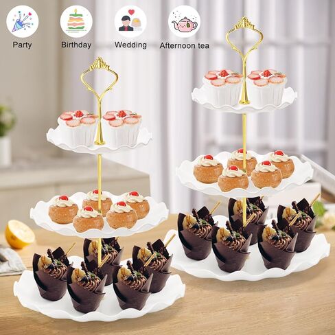Coitak 3 Tier Cupcake Stand, Plastic Tiered Serving Stand, Dessert Tower Tray for Tea Party, Baby Shower and Wedding (Round-gold edge) in Kuwait