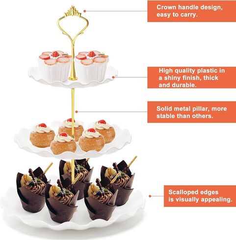 Coitak 3 Tier Cupcake Stand, Plastic Tiered Serving Stand, Dessert Tower Tray for Tea Party, Baby Shower and Wedding (Round-gold edge) in Kuwait