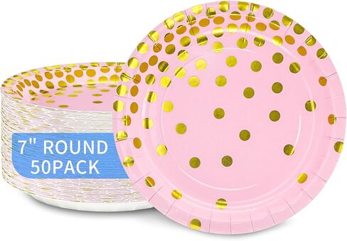 DYLIVeS White and Gold Paper Plates, 7 inch Metallic Foil Polka Dots Disposable Dessert Party Plates Cocktail Party Supplies Plates for Birthday, Bridal Shower, Easter, Graduation Party, 50 Pack in Saudi Arabia