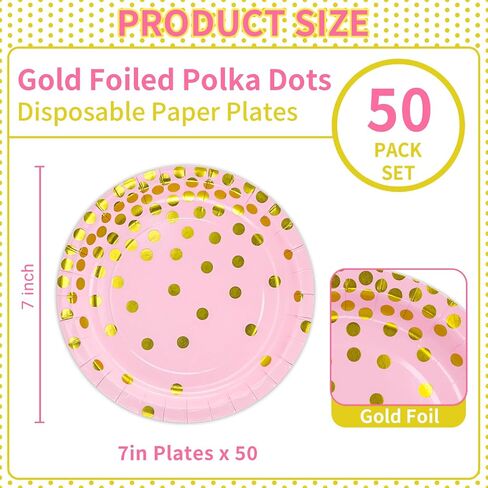 DYLIVeS White and Gold Paper Plates, 7 inch Metallic Foil Polka Dots Disposable Dessert Party Plates Cocktail Party Supplies Plates for Birthday, Bridal Shower, Easter, Graduation Party, 50 Pack in Saudi Arabia