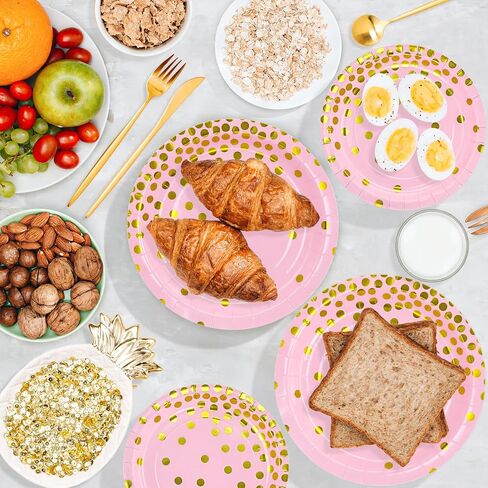 DYLIVeS White and Gold Paper Plates, 7 inch Metallic Foil Polka Dots Disposable Dessert Party Plates Cocktail Party Supplies Plates for Birthday, Bridal Shower, Easter, Graduation Party, 50 Pack in Saudi Arabia