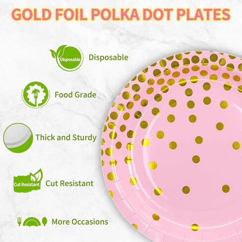 DYLIVeS White and Gold Paper Plates, 7 inch Metallic Foil Polka Dots Disposable Dessert Party Plates Cocktail Party Supplies Plates for Birthday, Bridal Shower, Easter, Graduation Party, 50 Pack in Saudi Arabia