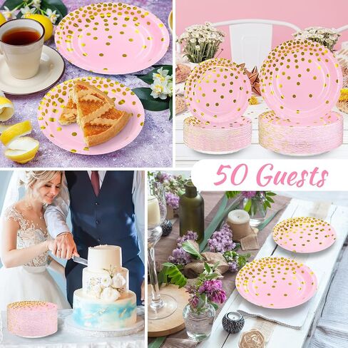 DYLIVeS White and Gold Paper Plates, 7 inch Metallic Foil Polka Dots Disposable Dessert Party Plates Cocktail Party Supplies Plates for Birthday, Bridal Shower, Easter, Graduation Party, 50 Pack in Saudi Arabia