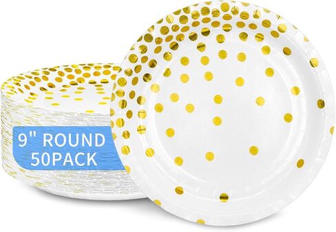 DYLIVeS White and Gold Paper Plates, 7 inch Metallic Foil Polka Dots Disposable Dessert Party Plates Cocktail Party Supplies Plates for Birthday, Bridal Shower, Easter, Graduation Party, 50 Pack in Saudi Arabia
