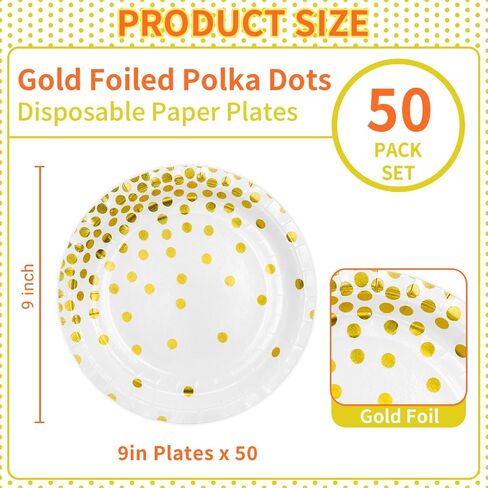 DYLIVeS White and Gold Paper Plates, 7 inch Metallic Foil Polka Dots Disposable Dessert Party Plates Cocktail Party Supplies Plates for Birthday, Bridal Shower, Easter, Graduation Party, 50 Pack in Saudi Arabia