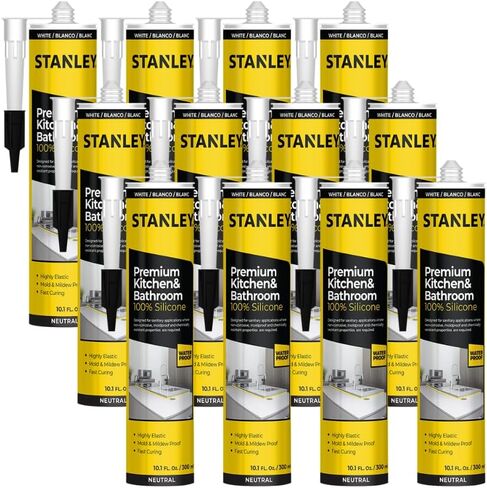 Stanley Premium Kitchen & Bathroom, 1x10.1 fl.oz. White, 100% Silicone Caulk - Low Odor, UV Protection, 100% Waterproof Sealant and Adhesive for Kitchen and Bathroom, Window & Door and Glazing, 1 Pack in Kuwait