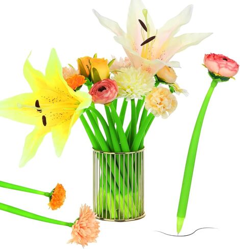 BBTO 24 Pcs Flower Pens Daisy Rose Lily Carnation Flower Pens for Women Ballpoint Pens with Flower Top Black Gel Ink Pen Gift for Women Mother Office Supplies,0.5 mm (Forest) in Saudi Arabia