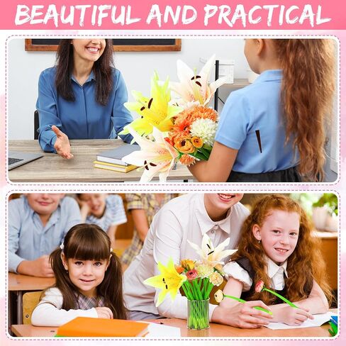 BBTO 24 Pcs Flower Pens Daisy Rose Lily Carnation Flower Pens for Women Ballpoint Pens with Flower Top Black Gel Ink Pen Gift for Women Mother Office Supplies,0.5 mm (Forest) in Saudi Arabia